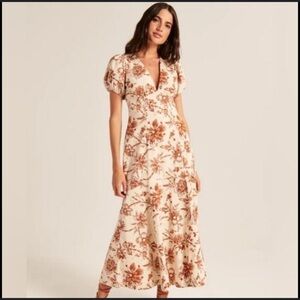 Abercrombie & Fitch cream and brown print puff sleeve floral maxi dress. M